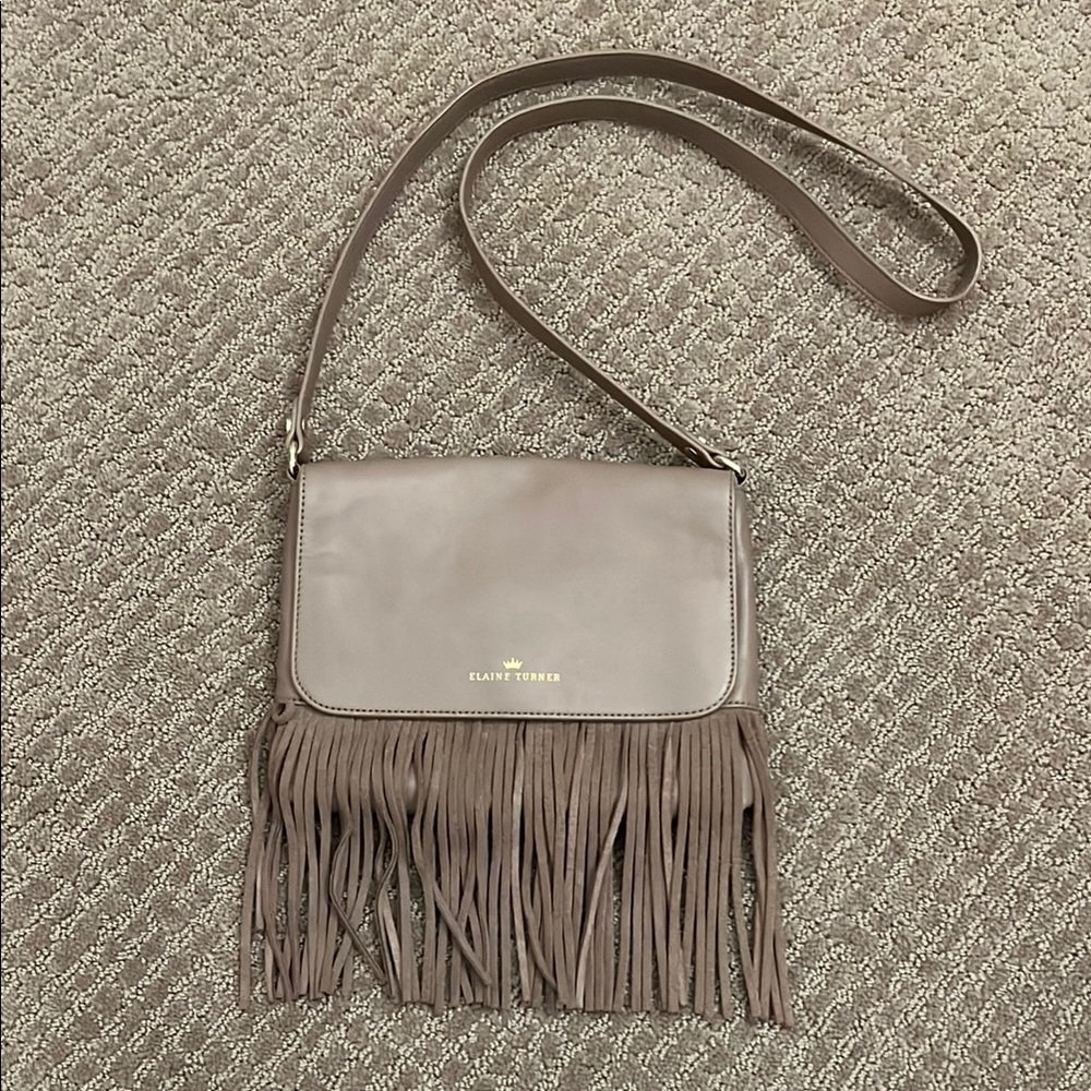 Elaine Turner Taupe Fringe Crossbody Bag